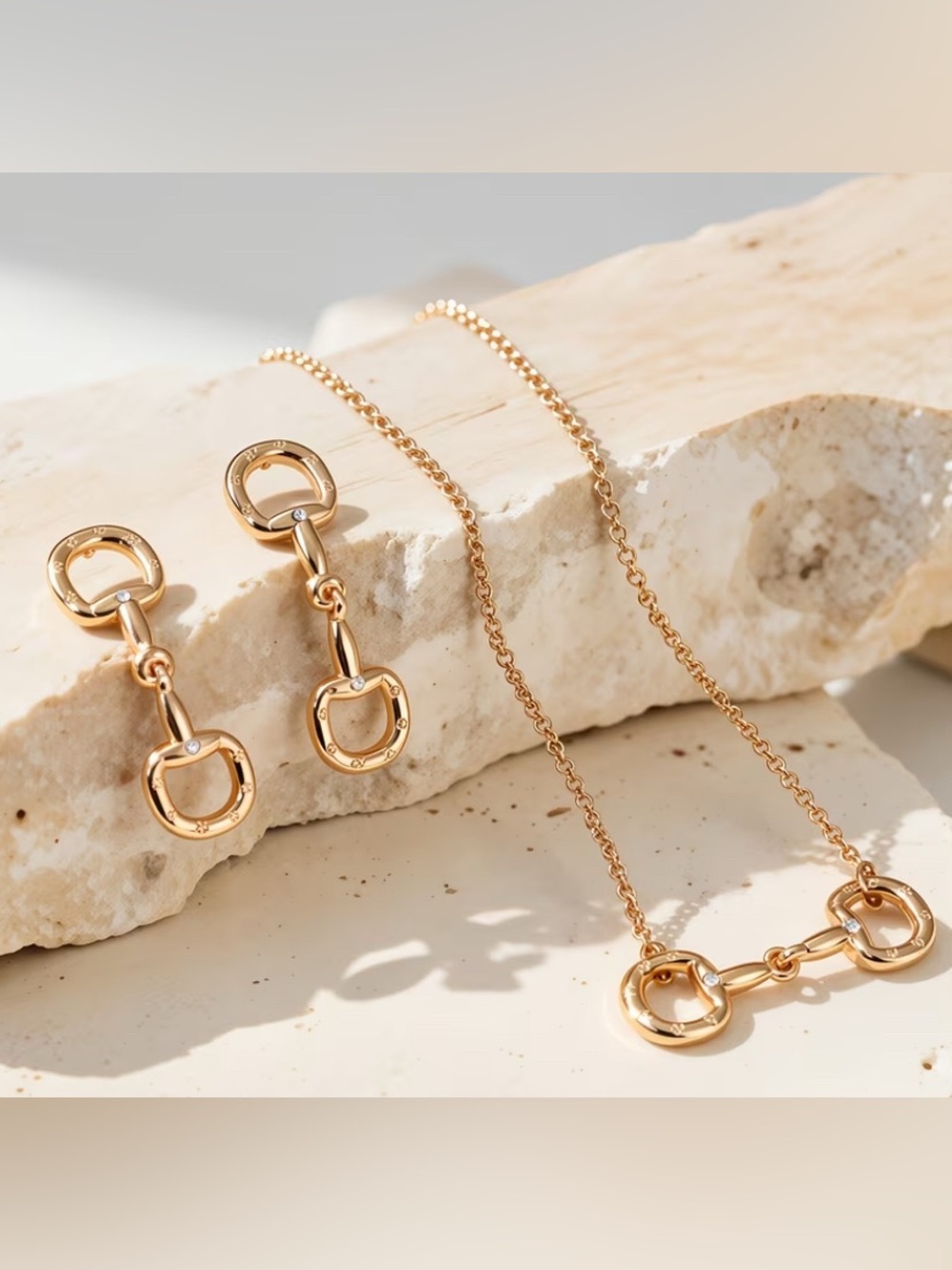 Equestrian Gold Tone Horse Bit Necklace & Earrings Set